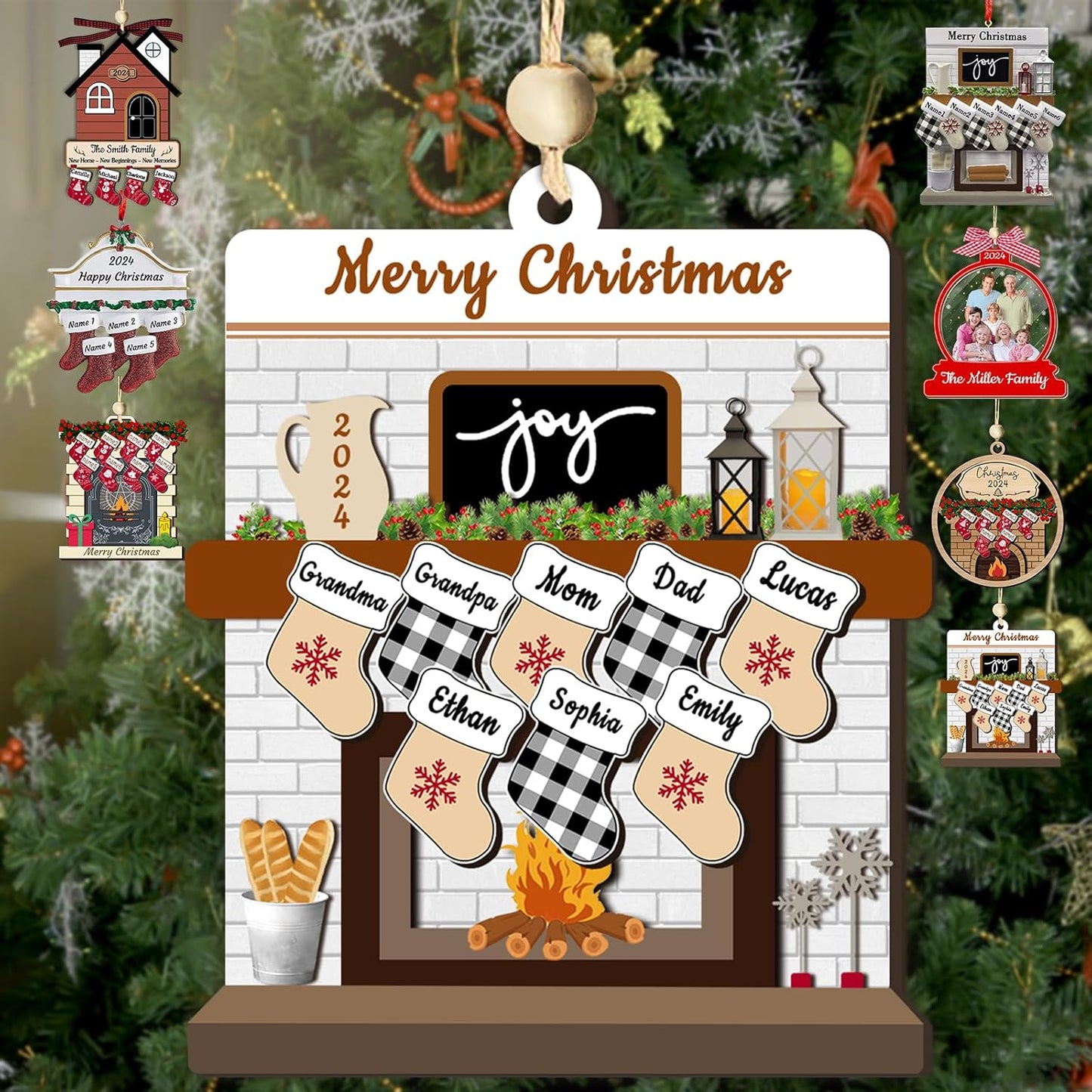 Personalized Christmas Ornaments with Names of 2/3/4/5/6/7/8 Custom Family Ornament Customized Xmas Tree Hanging Wood Decoration Gift White Fireplace