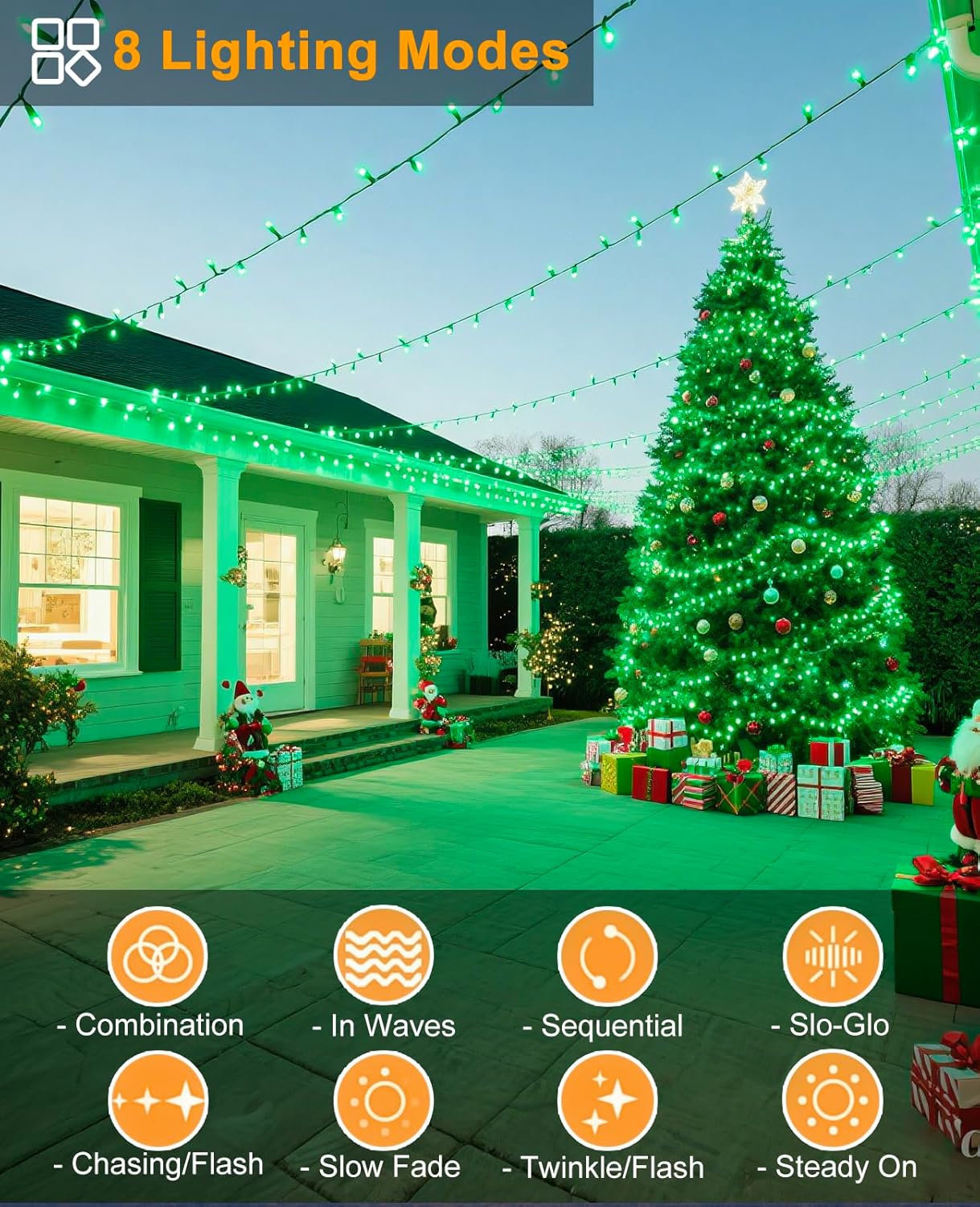 Christmas Lights Outdoor, 157FT 480 LED Plug in Christmas Tree Lights Waterproof, 8 Modes Green Wire Fairy String Light for Indoor House Garden Patio Porch Xmas Party Holiday Decorations, Green