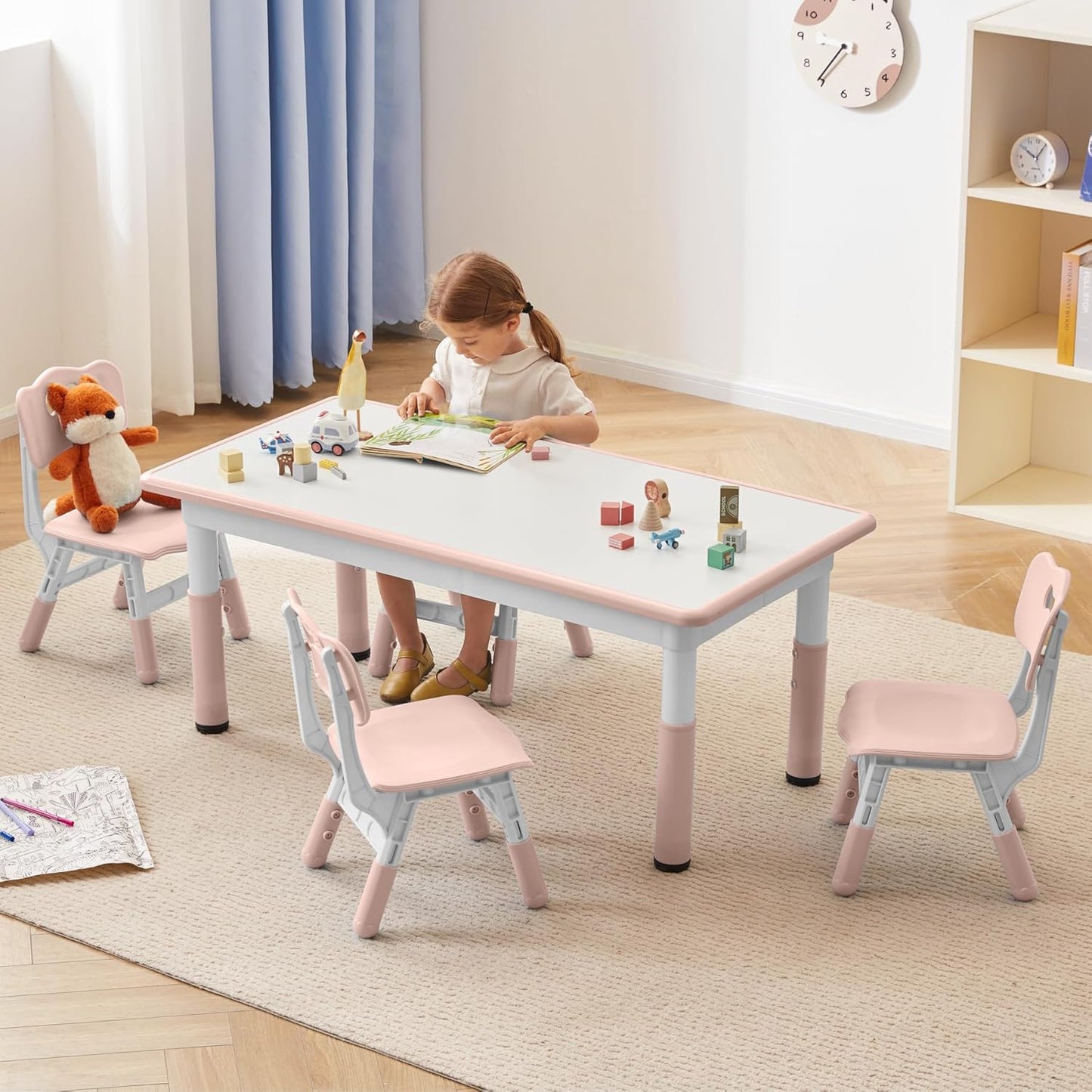 Kids Study Table and Chairs Set, Height Adjustable Toddler Table and Chair Set for Kids Ages 3-8, Graffiti Desktop Plastic Children Art Table with 4 Seats, Lovely Pink