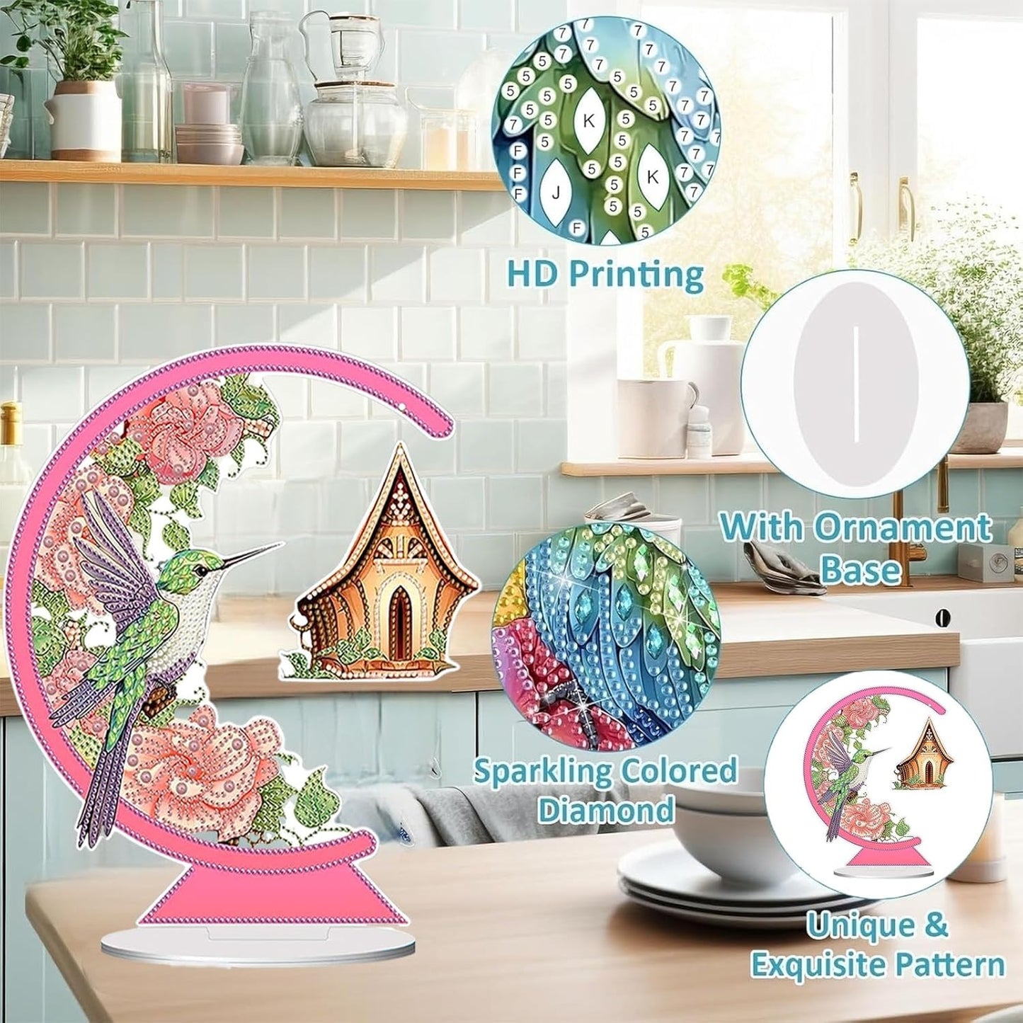 Diamond Painting Kits for Adults Beginners, 5D Full Drill Bird Crystal Art Desktop Ornament, DIY Single Sided Home Office Desk Decor, Creative Craft Gift Set with Tools