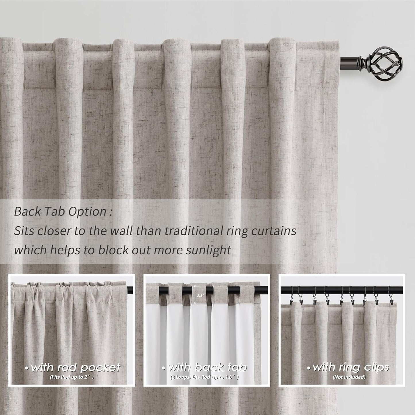 Room Darkening Curtains Brownish Grey Black Out Curtains 96 Inches Long 2 Panel Set Back Tab Neutral Linen Curtain for Sliding Door Modern Farmhouse Living Room Blackout Drapes Soundproof 52x96