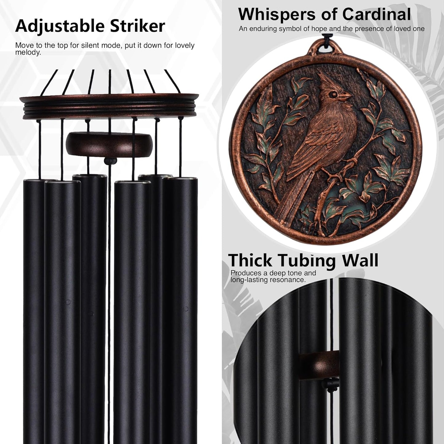 Vanquer Large Wind Chimes for Outside Deep Tone - 46'' Outdoor Clearance, Windchimes Outdoors, Memorial Wind Chimes, Sympathy Gift, Patio, Garden, Home Décor, Vintage Black (46" Cardinal)