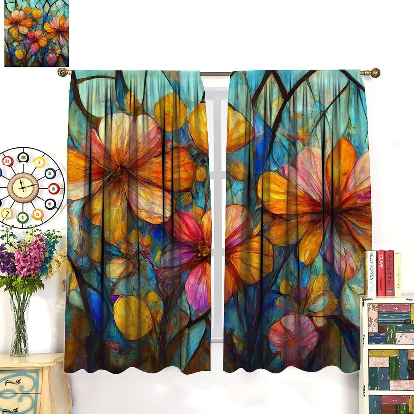 Stained Glass Curtains,Magic Forest Colorful Flowers Abstract Art Home Decor Drapes for Bedroom Living Room Kitchen Window Treatment 2 Panels Set Total Size 42" W X 45" L Inch