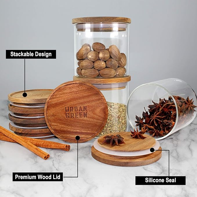 Urban Green Glass Jars with Airtight Lids, Airtight Canisters with Wood Lids, Glass Storage Containers with Bamboo Lid, Food Storage Containers Set (6 Pack of 27oz)