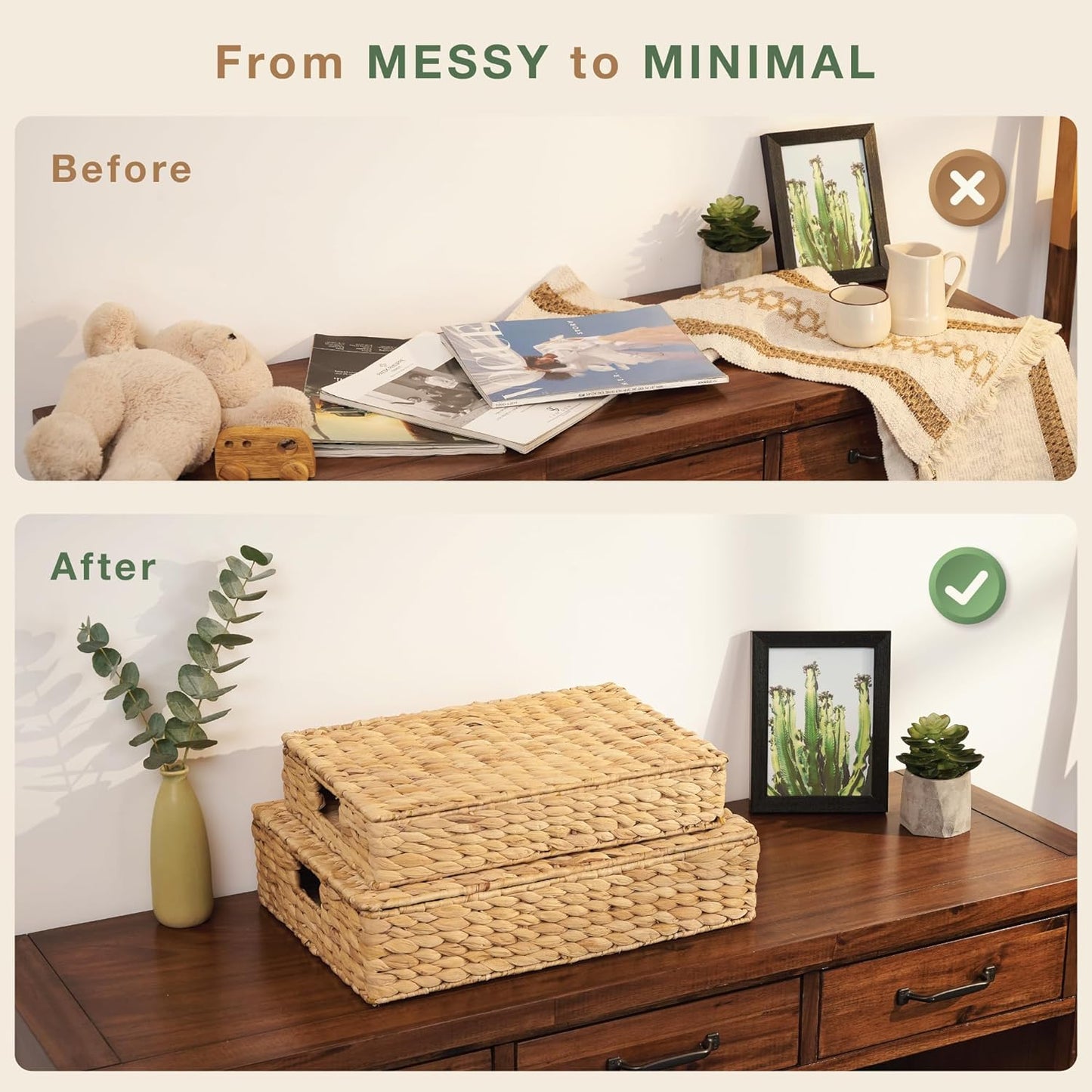 Set of 2 Wicker Baskets with Lid for Organizing - Decorative Storage Boxes With Lids for Home Decor, Shelves - Organic Modern Home Decor - Remote Box - Coffee Table Basket