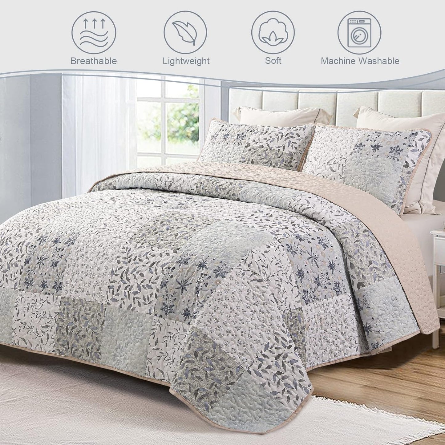 Exclusivo Mezcla Reversible Boho Quilt Set King Size, 3 Pieces Patchwork Gray All Season Bedspreads, Ultra Soft Floral Coverlet Bedding Set with Printed Pattern (1 Quilt, 2 Pillow Shams)