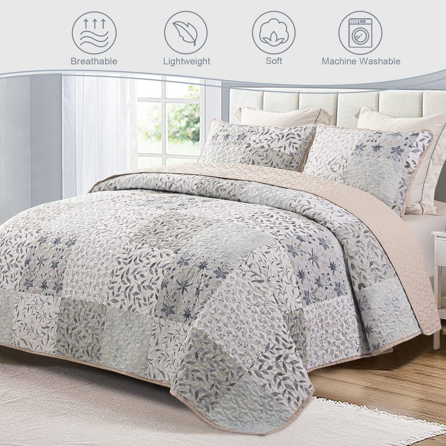 Exclusivo Mezcla Reversible Boho Quilt Set Twin Size, 2 Pieces Patchwork Gray All Season Bedspreads, Ultra Soft Floral Coverlet Bedding Set with Printed Pattern (1 Quilt, 1 Pillow Sham)