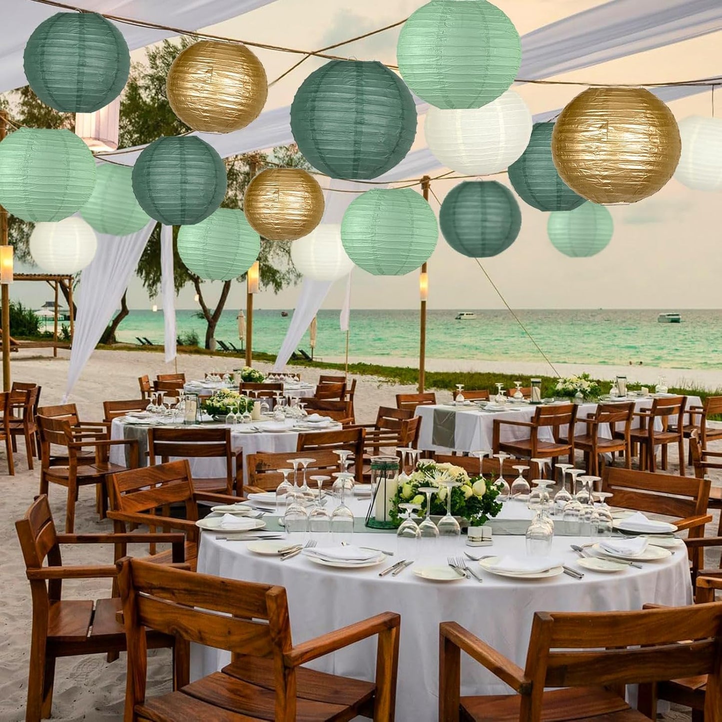 Paper Lanterns Decorative, Round Paper Lanterns Decorations Sage Green/Forest Green/Gold/White for Rustic Party Birthday Party Bachelorette Engagement Wedding Baby Shower 15pcs