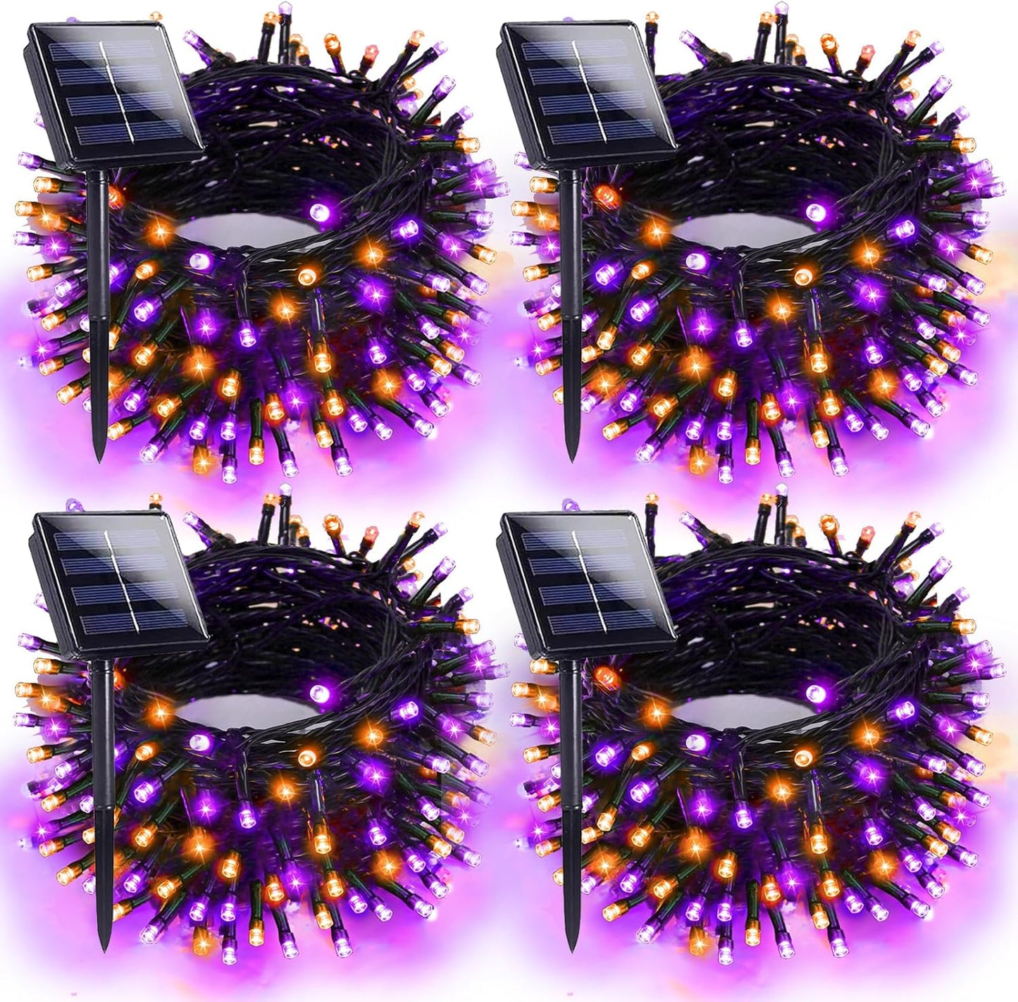 4pk Orange and Purple Solar Halloween Lights Outdoor Waterproof, 400LED 132FT Solar Powered LED String Lights Black Wire with 8 Modes, Solar Fairy Lights for Halloween Horror Party Tree Wedding Decor