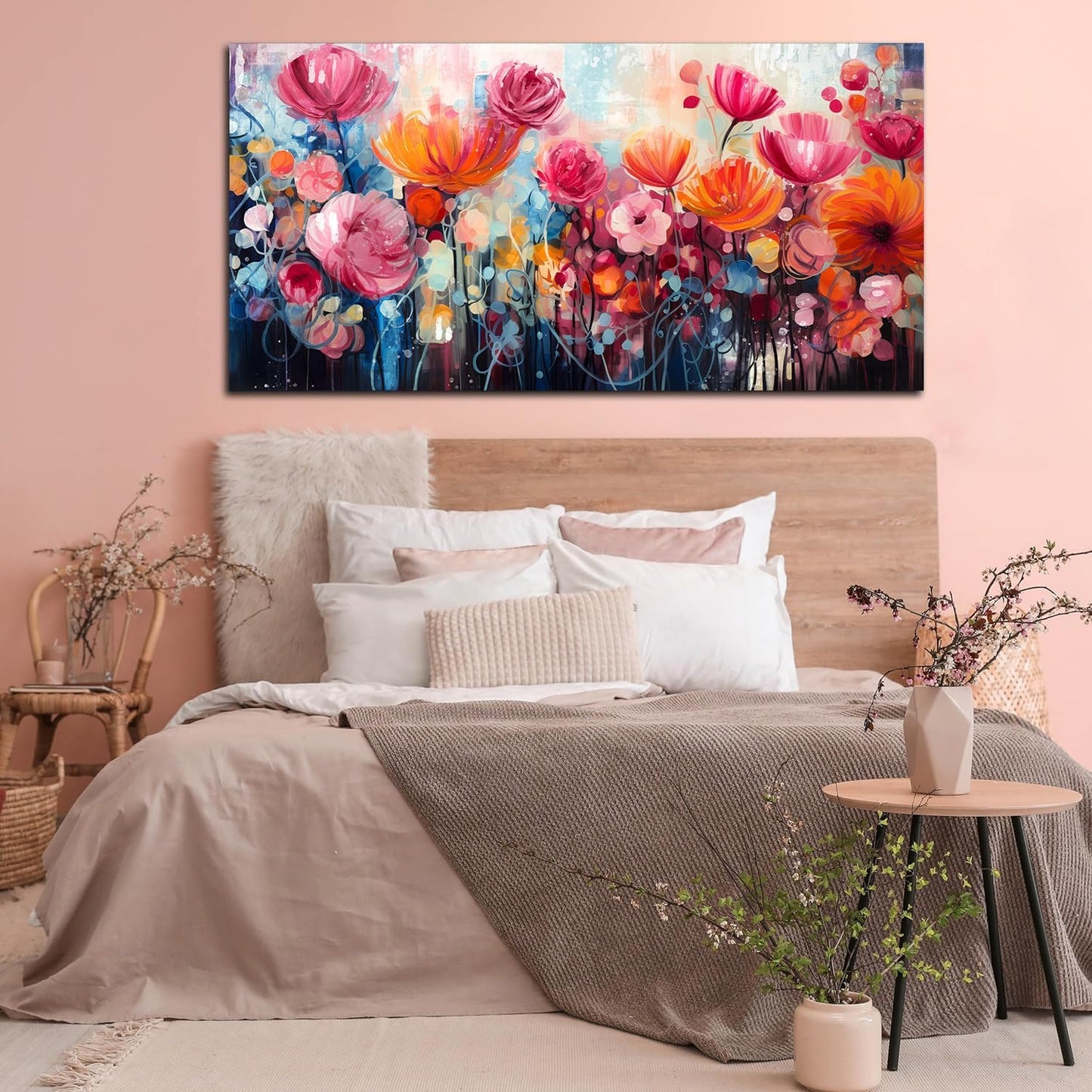 ENTANUB Flower Wall Art for Living Room, Pink Canvas Print Painting for Bedroom, Floral Picture Artwork, Large Decor Size 60x30 Inches