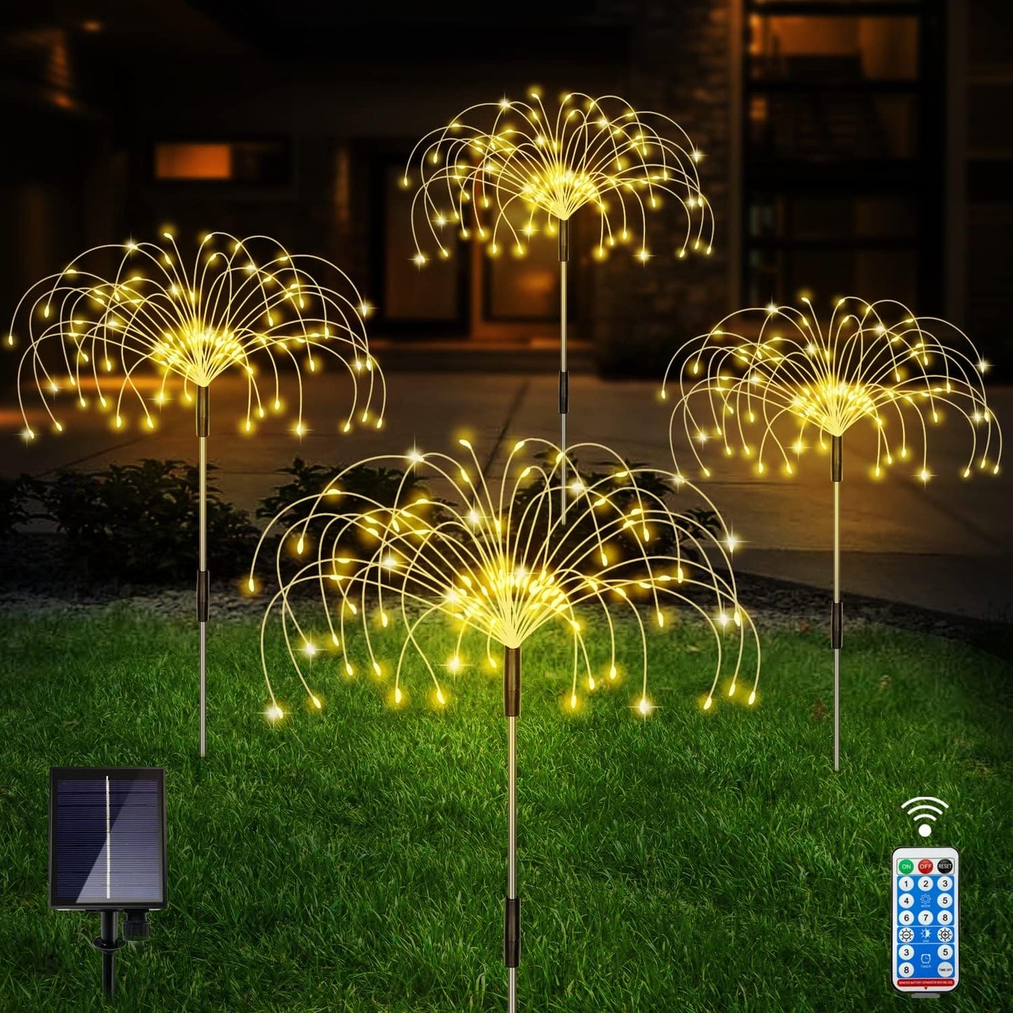 Solar Outdoor Warm White Garden Lights, 4 Pack Firework With 120 LED Starburst String 8 Modes Fairy With Remote, for Wedding Christmas, Lawn Backyard Party Patio Decoration