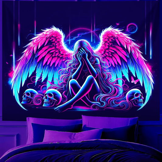 Blacklight Tapestry,WingTapestry Glow In The Dark,UV Reactive Black Light Upright Posters Wall Hanging for Bedroom Dorm Living Room Backdrop Decor (wing1, 79L" x 59W")