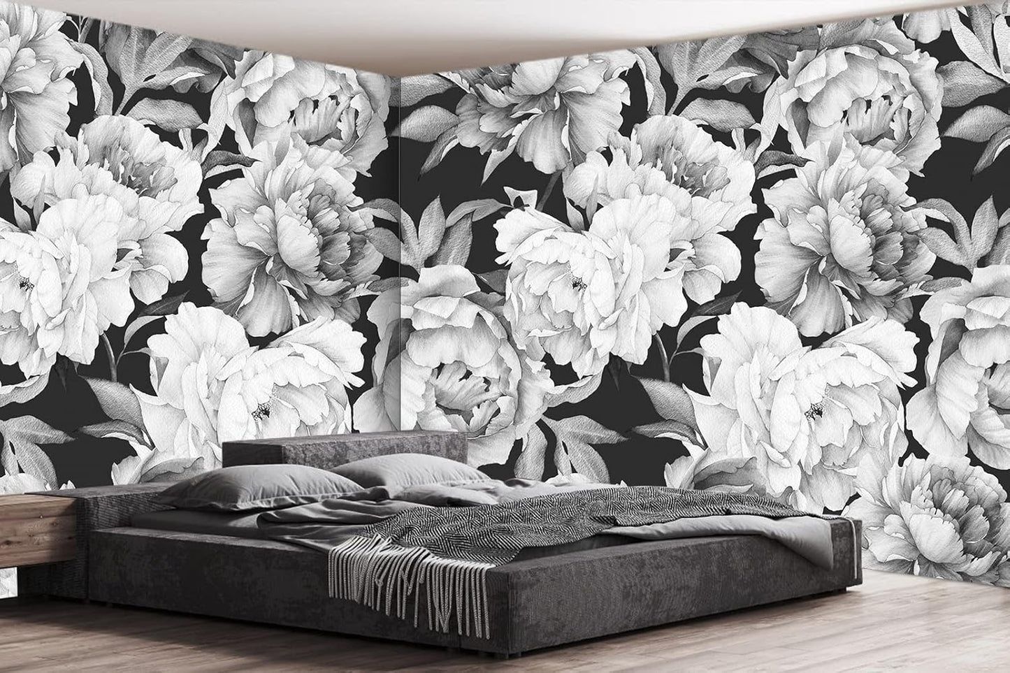 Black and White Peonies Wallpaper Watercolor Floral Mural Wallpaper for Bedroom Living Room (Not Peel n' Stick)