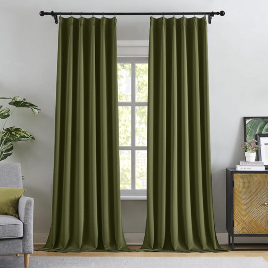 KangBang Olive Green Blackout Pleated Curtains 96 Inches Long, Custom Made Pinch Pleated Memory Trained Window Curtain Panels for Living Room Hotel with Hooks 2 Panels,40”Wx96”L