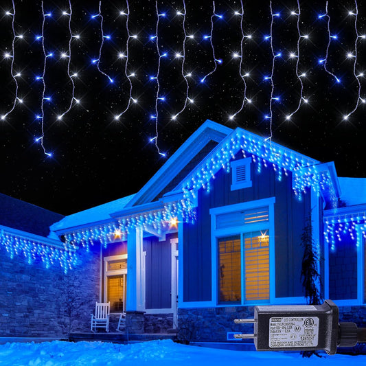 Hopolon 33FT 360L LED Christmas Icicle Lights Outdoor Waterproof,8 Modes Plug in Curtain String LIghts With 60 Drops,Christmas Lights for Wedding,Party,Bedroom,Home,Garden,Wall Decorations(Blue White)