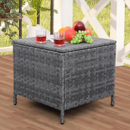 Outdoor Wicker Storage Side Table, Patio Grey PE Rattan End Table with Storage, Square Container for Furniture Covers, Toys, and Gardening Tools
