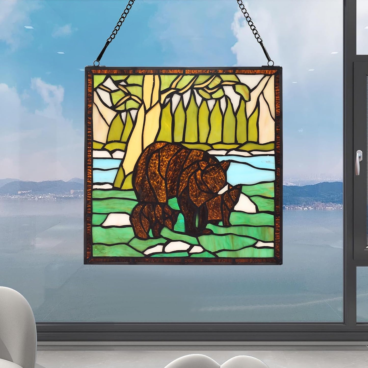 bwkoiujes Stained Glass Window Hanging 12" Square Tiffany Animal Style 3 Brown Bears Suncatcher Wall Decor Art Panel Includes 20" Chain and Hooks The Perfect Housewarming Gift