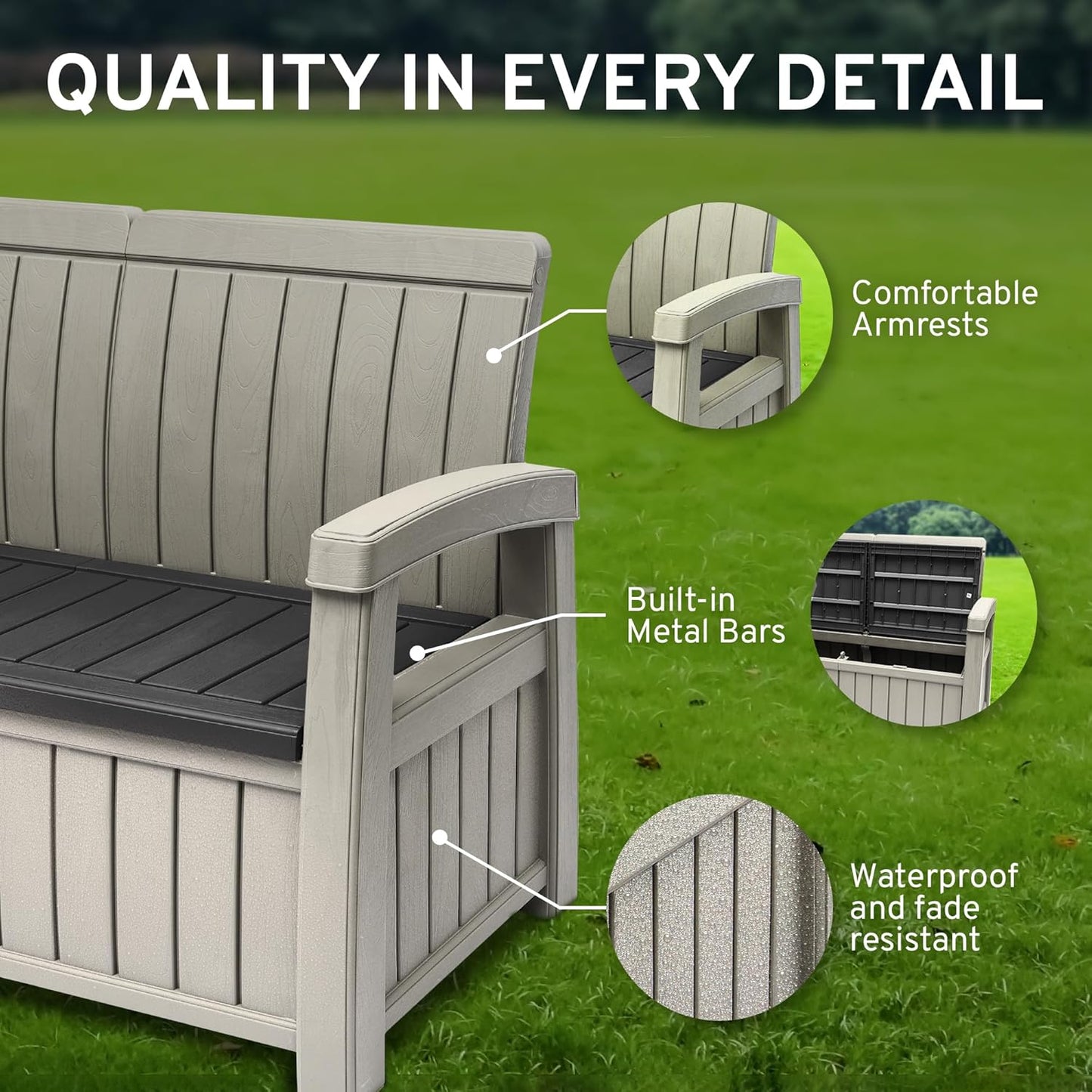 EconoHome 2 Seat Outdoor Storage Bench with Rain Cover - 60 Gallon Capacity - Weatherproof Resin Bench for Patio, Porch, Garden, Yard, Pool Area - Furniture for Pool Accessories, Gardening Tools