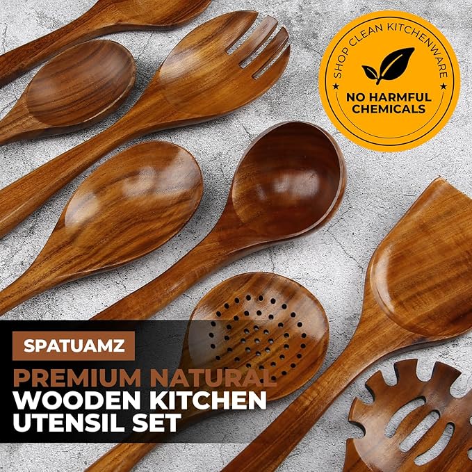 SPATUAMZ Teak Wood Spoons for Cooking, Elegant Wooden Cooking Set of 10, Excellent Kitchen Cooking Utensils Set for Home