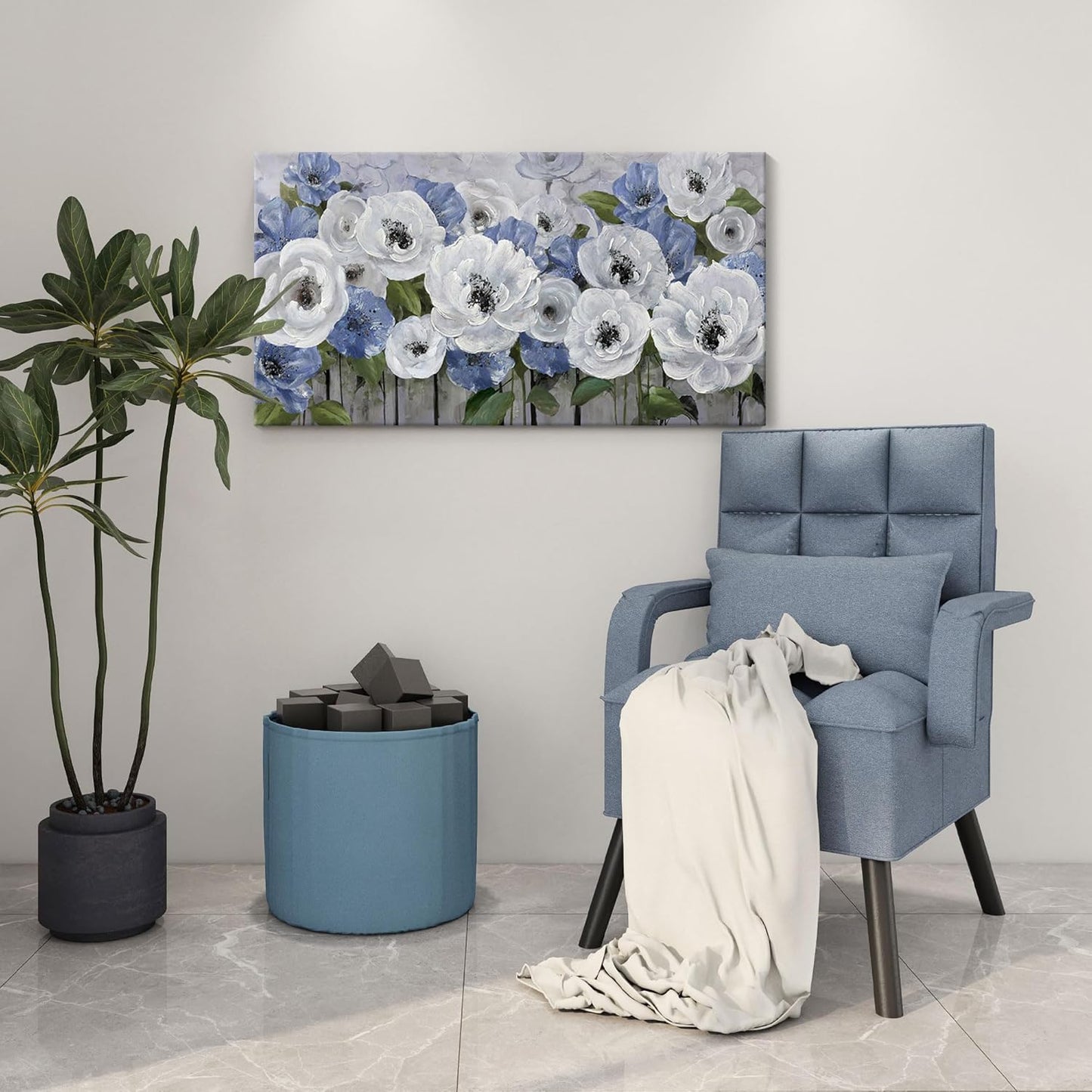 Floral Wall Art for Living Room-Large Blue and White Flower Paintings, Textured Nature Artwork Pictures on Canvas, Landscape and Flower Wall Art for Bedroom Decor