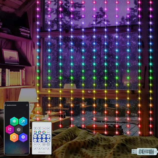 echosari Smart Curtain Lights 6.6 x 9.8Ft 16 Million Colors Changing 300 LED Fairy Curtain Lights DIY Functions with Remote APP Hanging Light for Patio Bedroom Decor