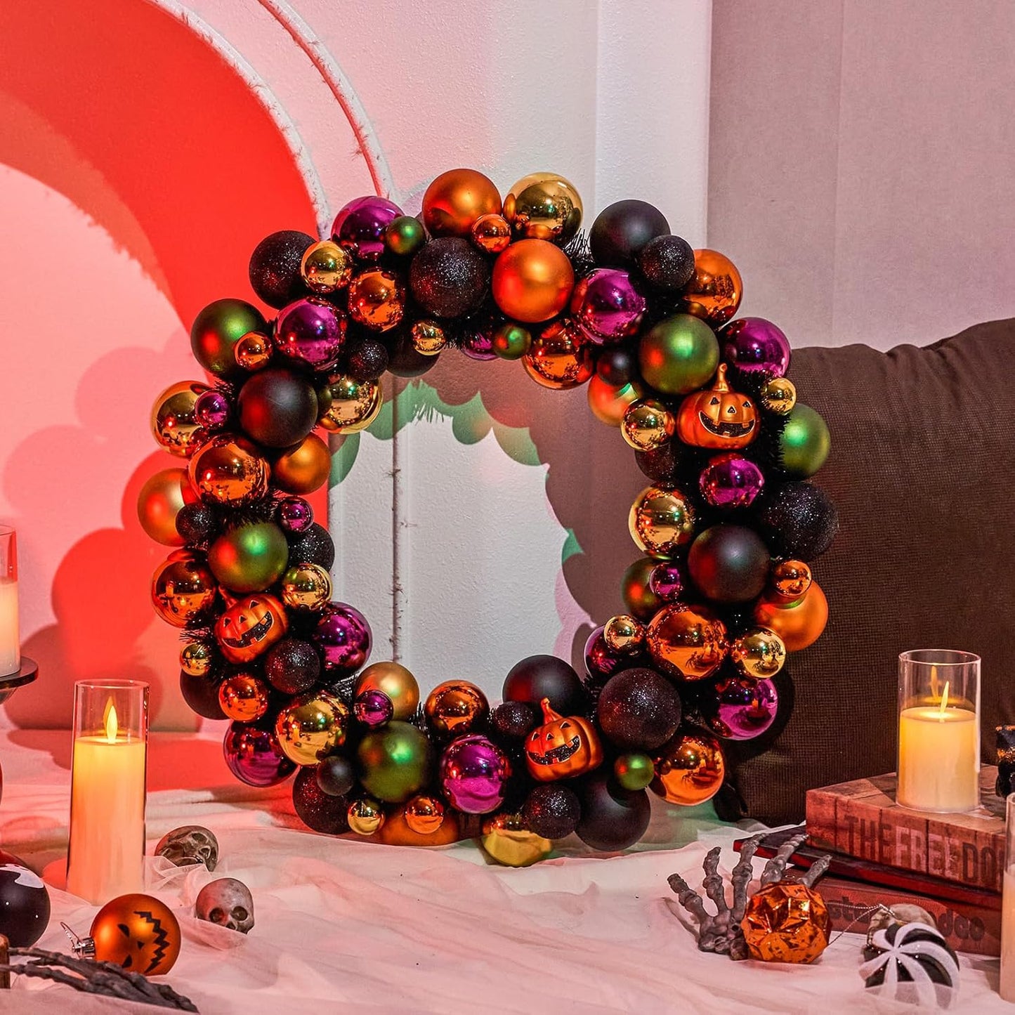 JORNOY 20inch Large Halloween Ball Wreath with Ghost & Pumpkin Accents - Seasonal Orange/Black Wall Hanging, Front Door, Mantel, Porch Decor for Home