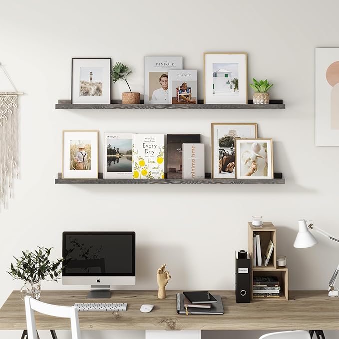 Picture Ledge Shelf, Floating Shelves Set of 2, Solid Pine Wood 55'' Long Large Nursery Book Shelves for Toys Storage, Kids Bookshelf for Living Room Bedroom Decor Books Photo Frames, Grey