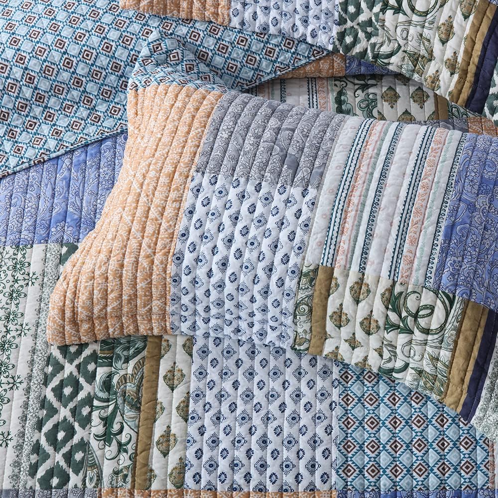 Cotton Bedspread Quilt Sets 3 Pieces Reversible Coverlet Sets Comforters Blue Bohemian Patchwork Bedspread,Blue Paisley Pattern, Queen Size