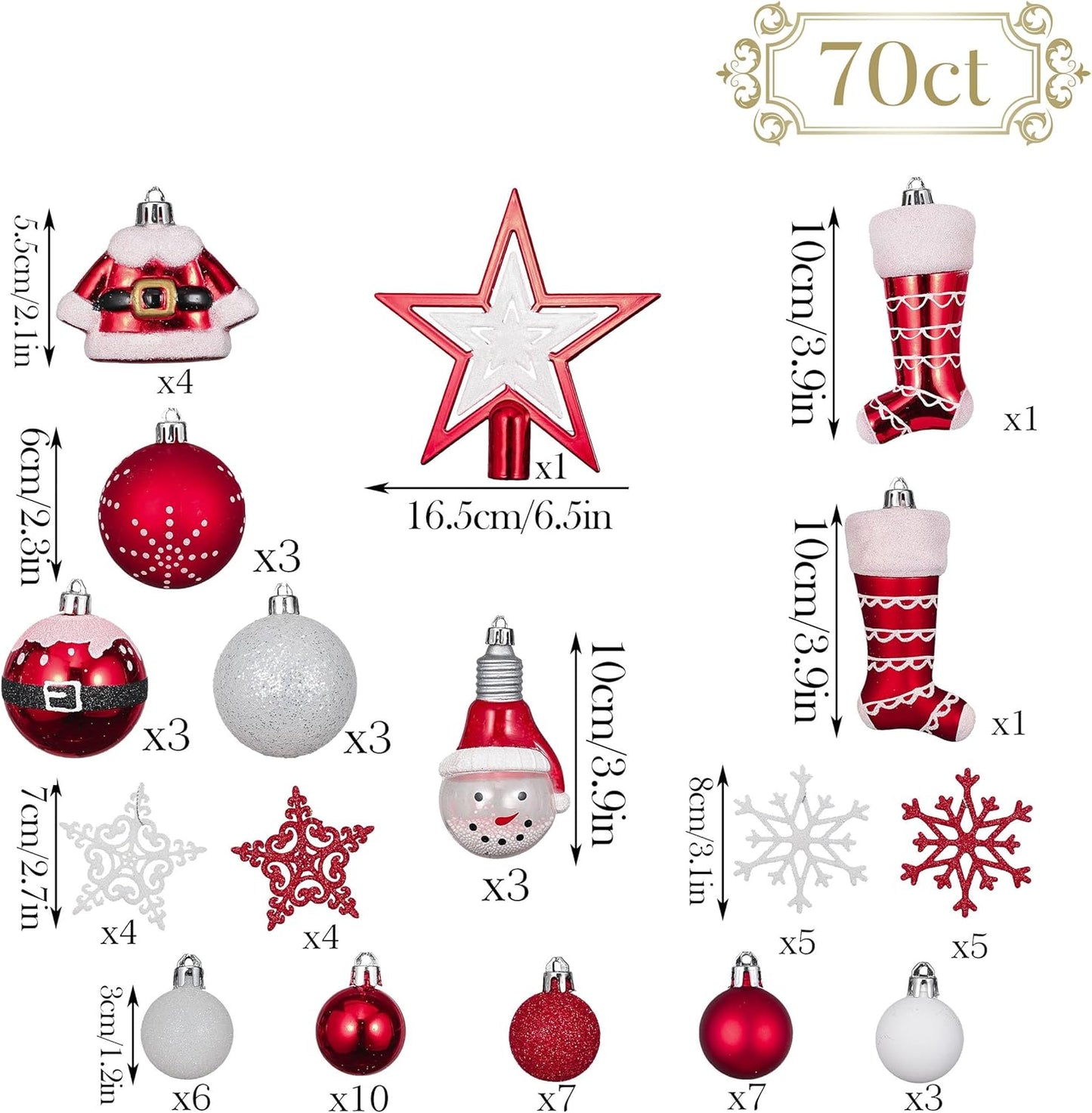 Valery Madelyn Christmas Ornaments Set, 70ct Red and White Shatterproof Christmas Tree Decorations Ball Ornaments Bulk, Traditional Decorative Hanging Ornaments for Xmas Trees Holiday Party Decor