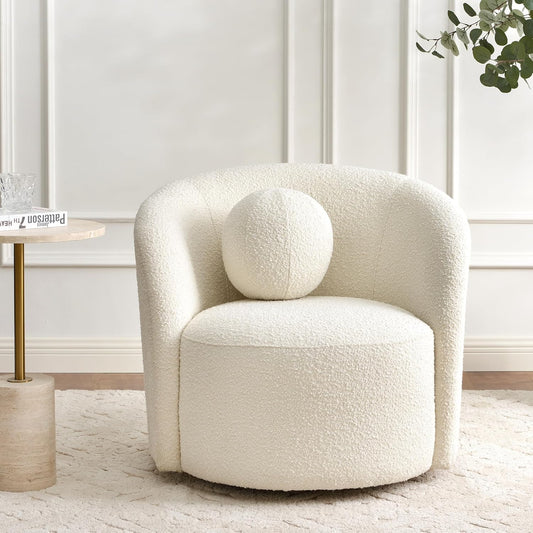 KINWELL Sherpa Swivel Barrel Chair & Round Ball Pillow Set - 34" Wide Modern Boucle Accent Chair with 9” Matching Nordic Decorative Throw Pillow for Living Room and Bedroom(Cream)