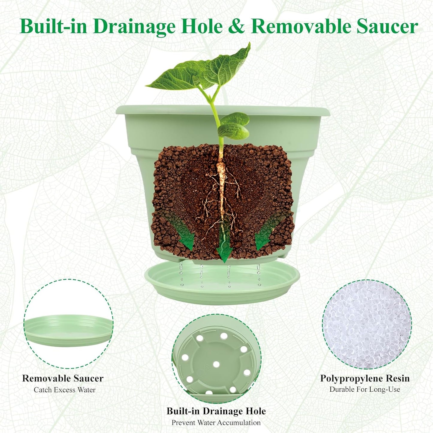 11 Inch Plastic-Flower-Pot-for-Indoor-Plants, 4 Pack Large Outdoor Planter Pot with Drainage Holes & Saucers, Resin Decorative Garden Pots Planters