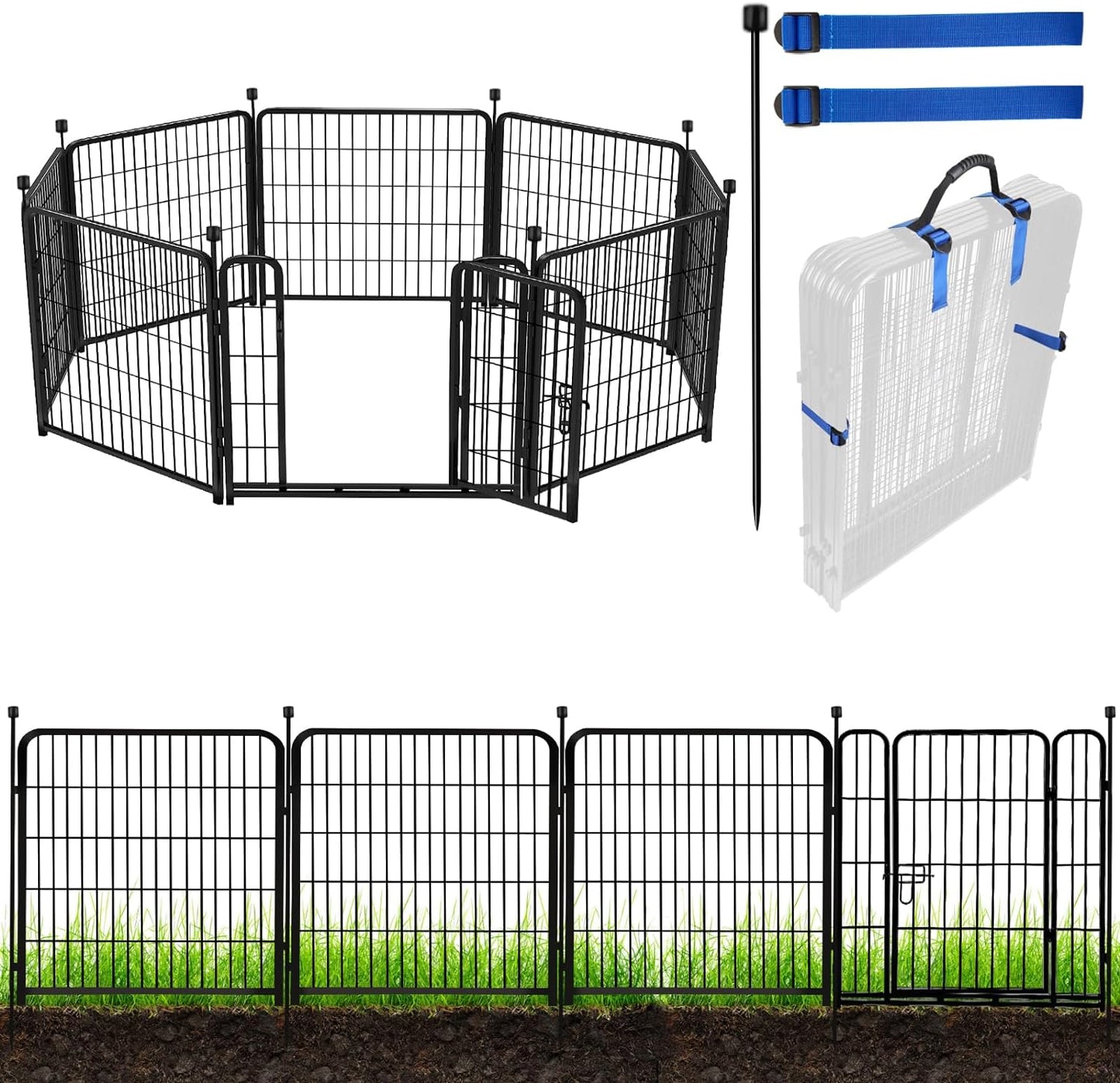 ADAVIN Metal Garden Fence with Gate, 36 in(H) 8 Panels Heavy Duty Iron Animal Barrier Fence, Indoor or Outdoor Dog Playpen, Camping Fence, No Dig Garden Border Fencing for Yard. Total 17.7 FT(L)