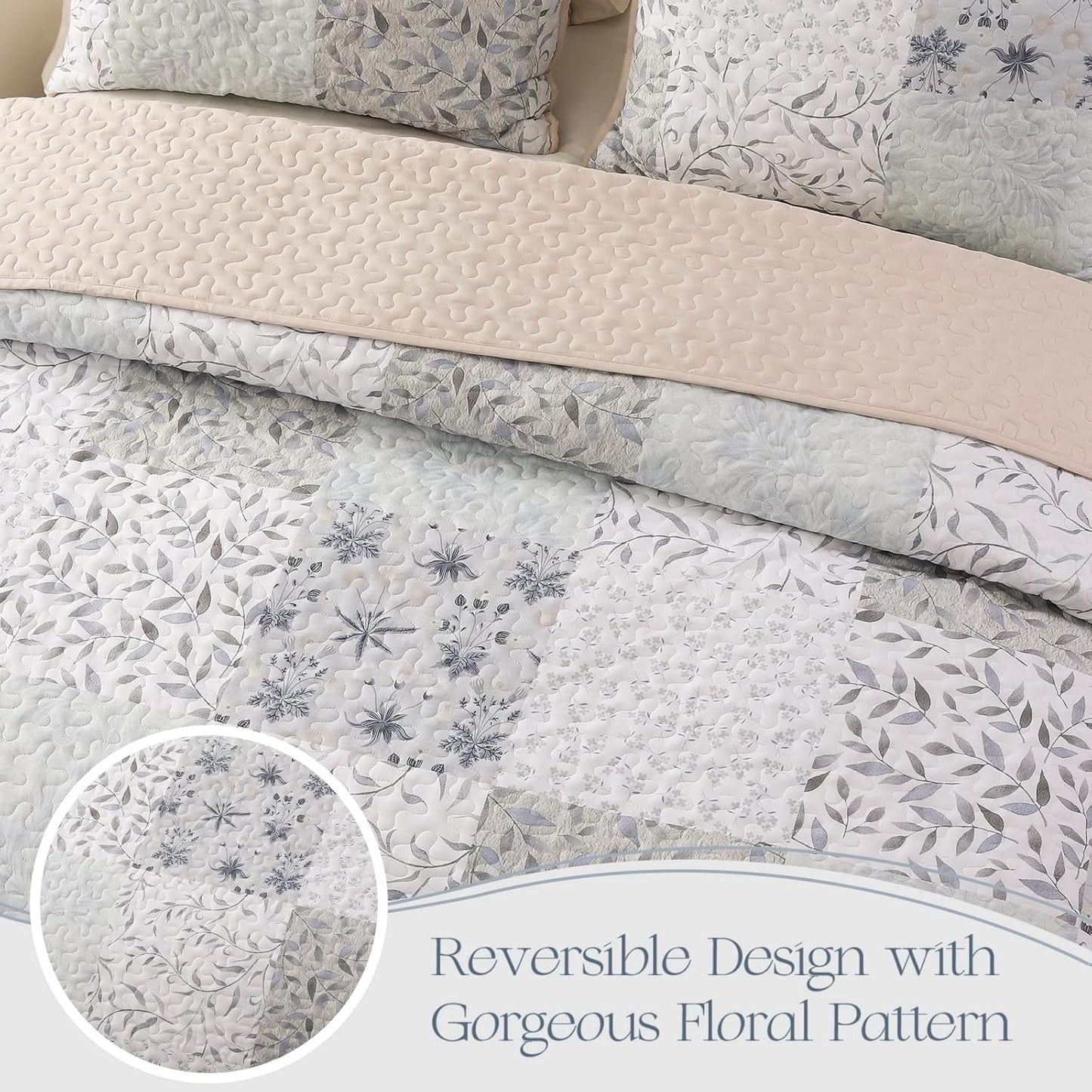 Exclusivo Mezcla Reversible Boho Quilt Set King Size, 3 Pieces Patchwork Gray All Season Bedspreads, Ultra Soft Floral Coverlet Bedding Set with Printed Pattern (1 Quilt, 2 Pillow Shams)