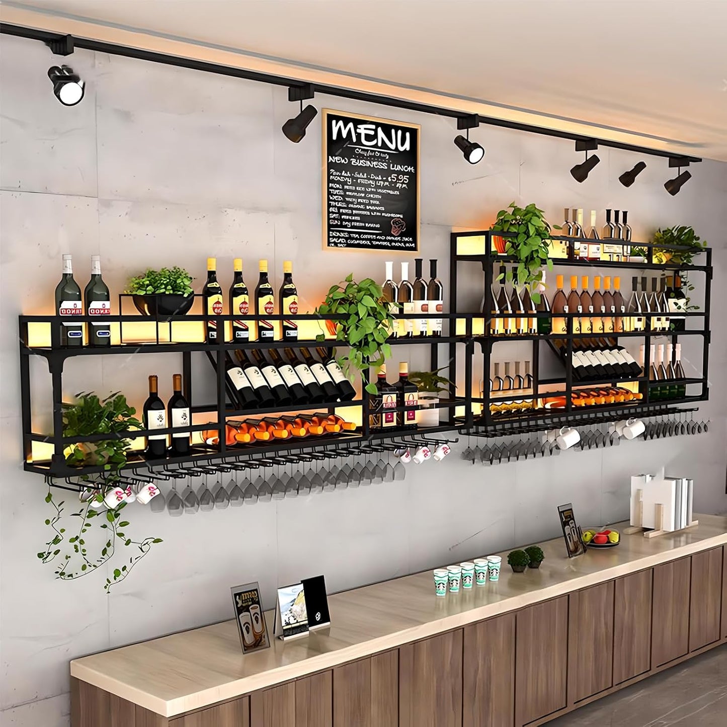 47.2in Wall Mounted Wine Rack, Wine Rack Wall Mounted With Wine Glass Rack, Metal Bar Bottle Display Shelf Wine Cups Hanging Holder, For Home Bar Cafe Dining Room Decoration (BLACK, 47.2*10*35.5inch)