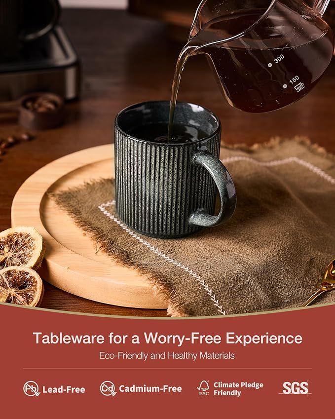 famiware Coffee Mug Set for 4, Star 12 oz Catering Mugs Cup Set with Handle for Coffee, Tea, Cocoa, Milk - Ceramic Stoneware Drinkware Set, Deep Forest