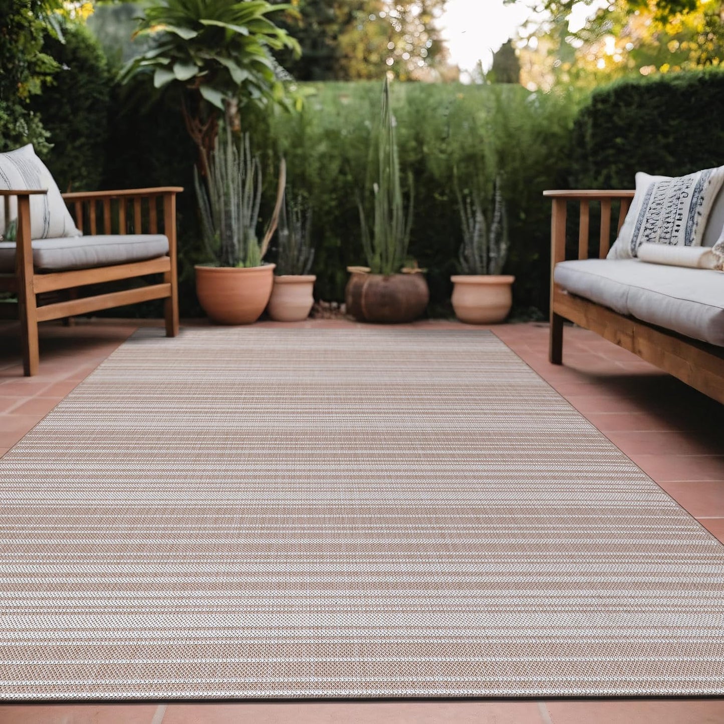 Stripe Outdoor Rug 6x9 Washable Outside Carpet for Indoor Patio Porch Waterproof Easy Cleaning Non Shedding Area Rugs Beige 6 x 9