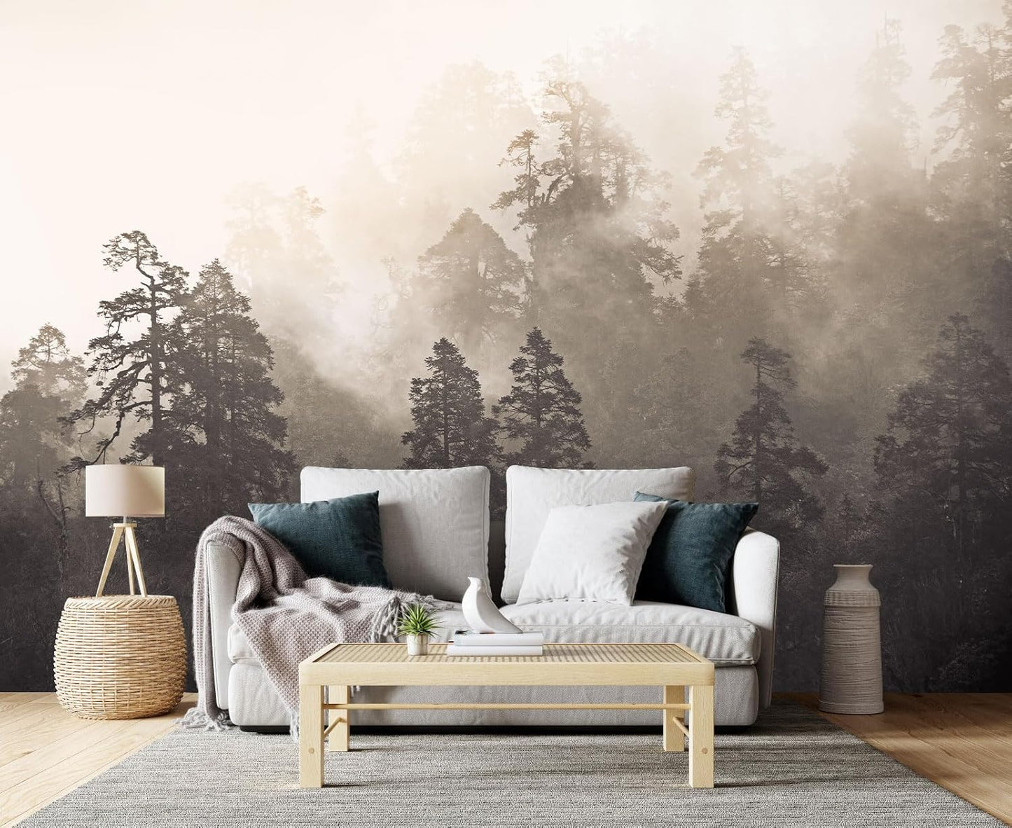 Foggy Forest Woodland Mural Wallpaper for Bedroom Living Room Misty Jungle Rainforest Trees Nature Landscape Wall Mural(Not Peel n' Stick)
