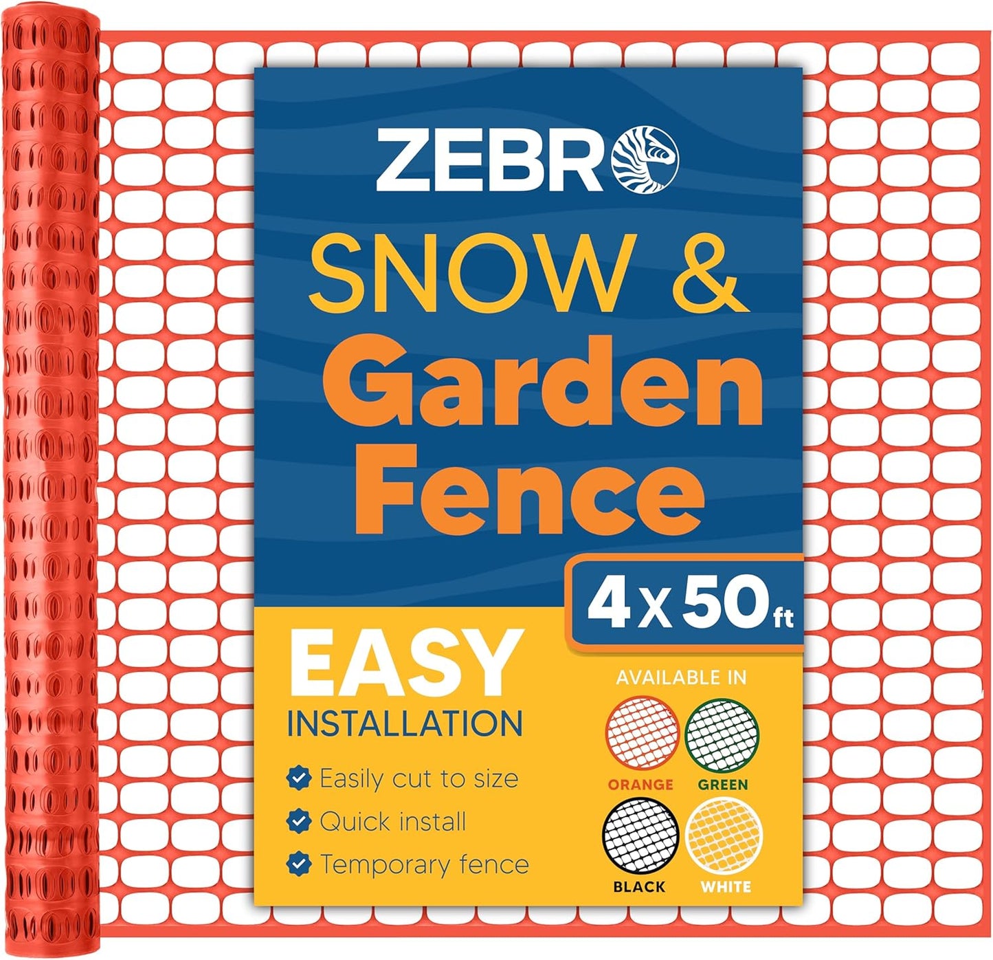 ZEBRO 4' x 50' Orange Plastic Garden Fence Roll – Standard Duty Safety Netting for Snow, Poultry, Deer, Dogs – Reusable Outdoor Barrier for Yard, Landscaping, Animal Protection