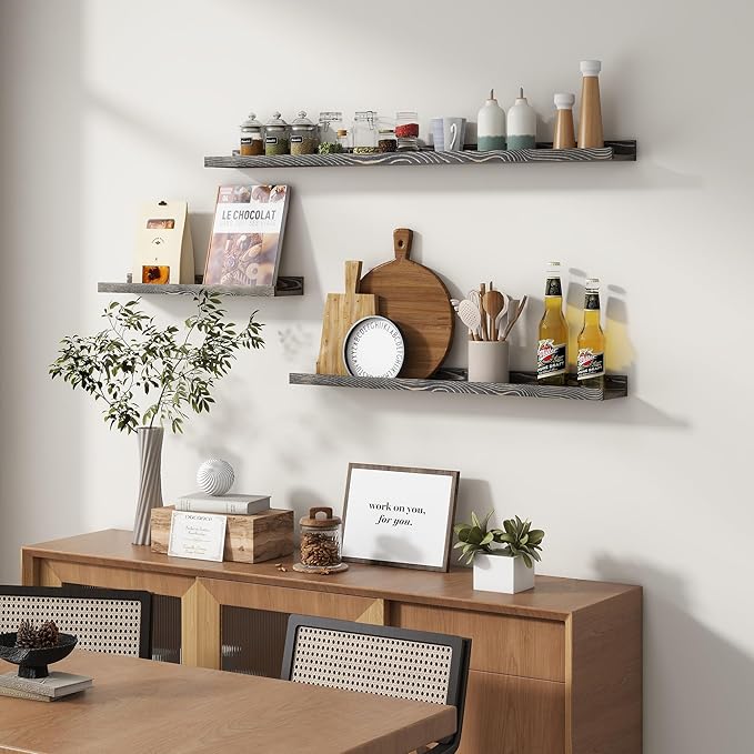 Picture Ledge Wall Shelves 56 Inches Width Set of 3, Solid Pine Wood Rustic Floating Ledge for Kids' Room Bedroom Kitchen Bathroom, Long Floating Shelves for Wall Decor, Grey