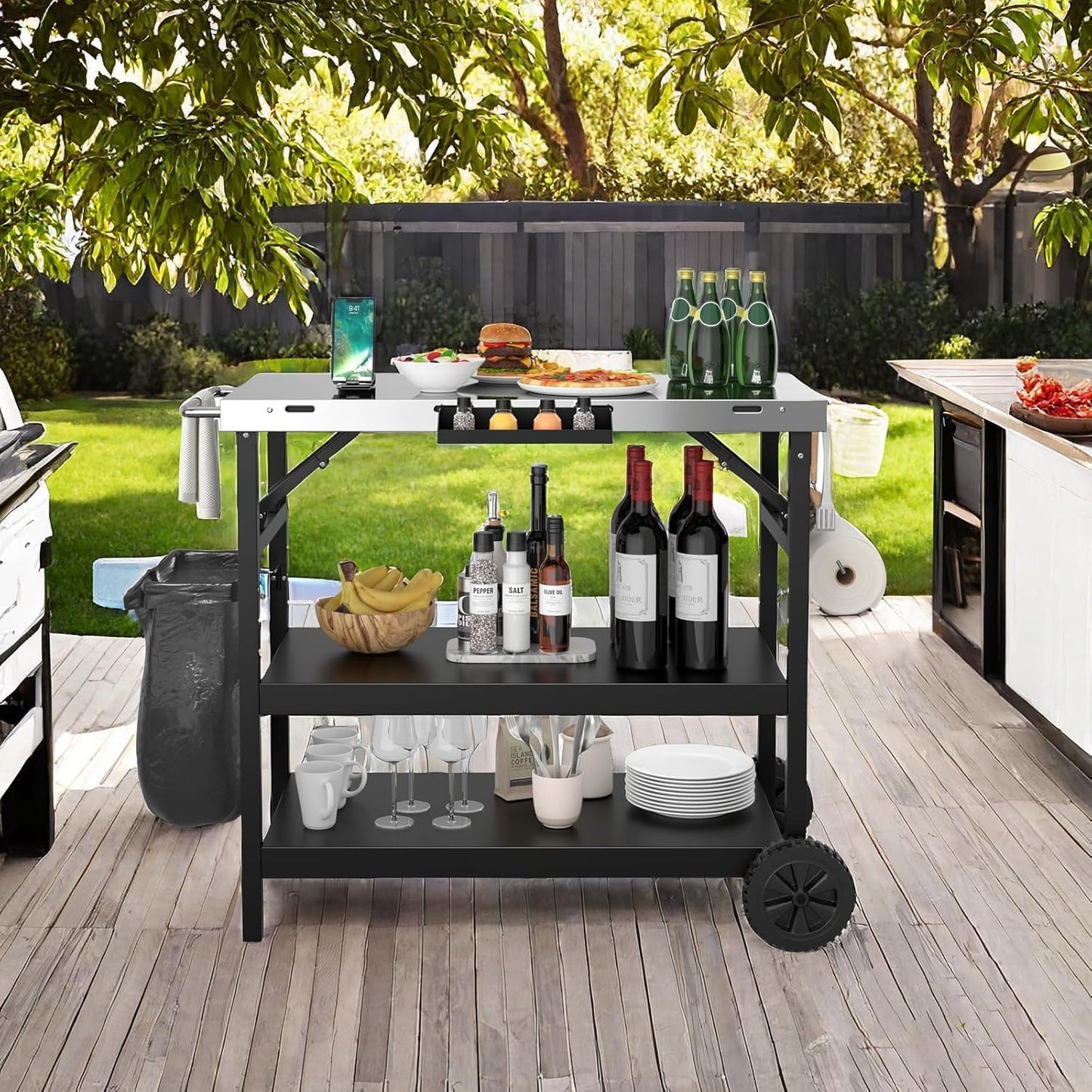 ERGOMASTER Grill Table Cart, Outdoor Kitchen Island with 4-Position Adjustable Shelf, Stainless Steel Serving Cart for Patio Garden