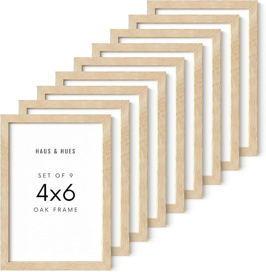 HAUS AND HUES Square Picture Frames 4 x 6 Set of 9 - Photo Gallery Wall Frame Set, Wood 4x6 Frames, 4 x 6 Frames Gallery Wall Set, 4x6 Frame with Mat, Square Frames 4x6 (Beige Oak Frames)