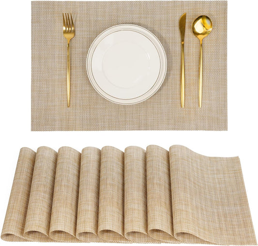 Placemats Set of 8，Non-Slip PVC Weave Table Mats Easy to Clean，Heat Resistant Place Mats for Kitchen Dining Table Decoration Indoor Outdoor，Beige