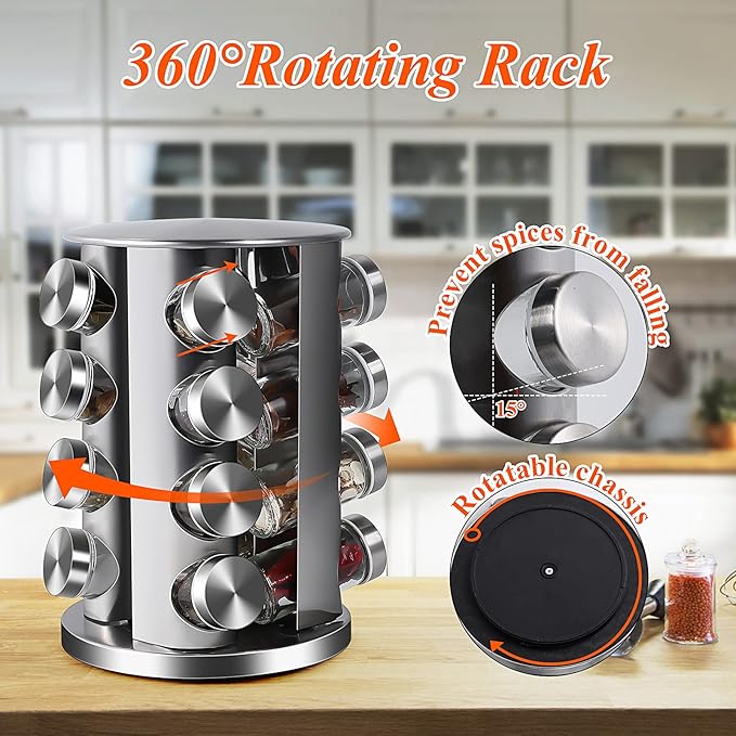 DOUBLE 2 C Revolving Countertop Spice Rack Stainless Steel Seasoning Storage Organization,Spice Carousel Tower for Kitchen Set of 16 Jars (16Jars)