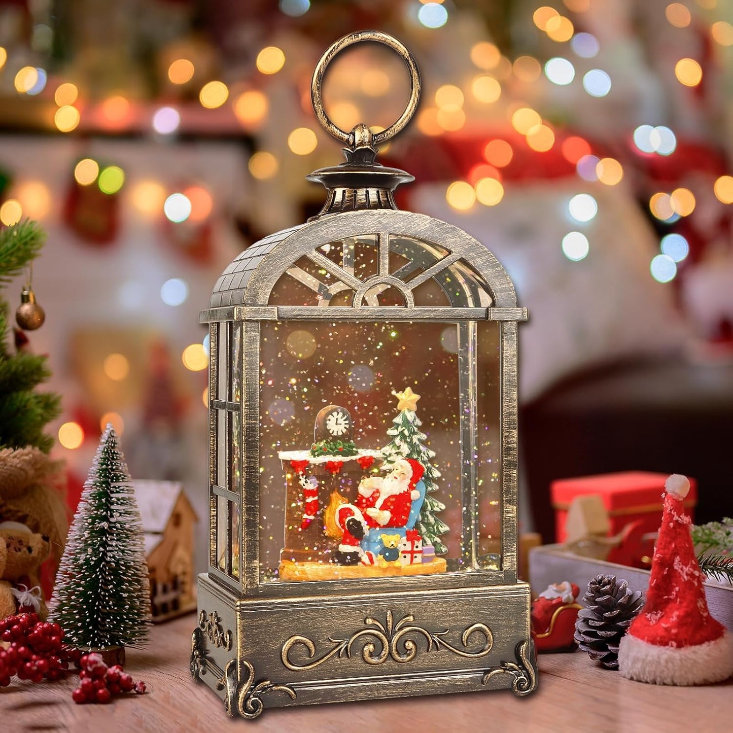 Christmas Snow Globes Lantern,Musical Snow Globe,Christmas Decorations Indoor for Home,Battery Or USB Powered,with 6 Hour Timer,Christmas Lantern for Festival Decoration,Santa Claus