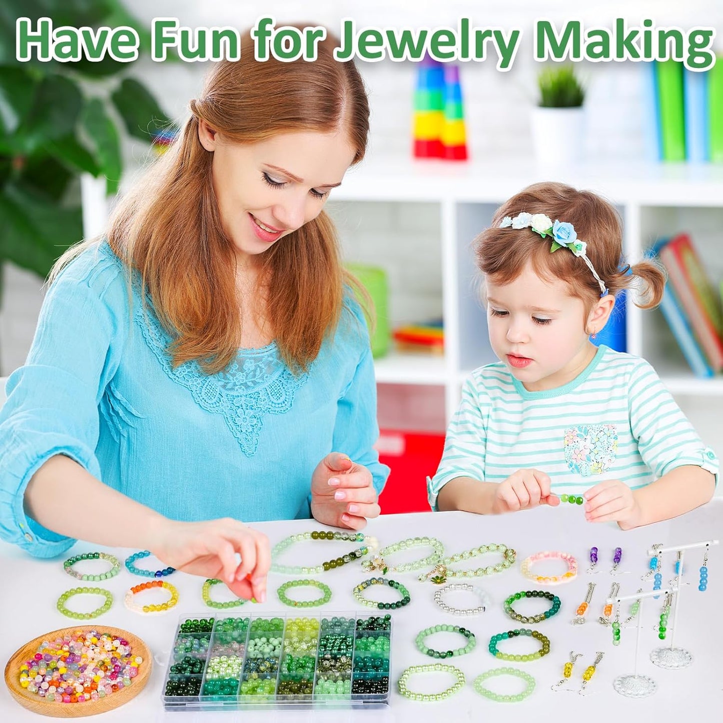 XSEINO About 1200PCS 6mm Glass Beads Bracelet Making Kit,24 Assorted Green Nature Series Colorful Crystal Beads for Bracelet and Jewelry Making and DIY Crafts,Friendship Bracelets