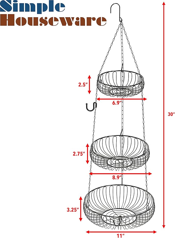 Simple Houseware Adjustable Metal Hanging Fruit Basket, Oblate, Black, 11" W x 11" L x 30" H
