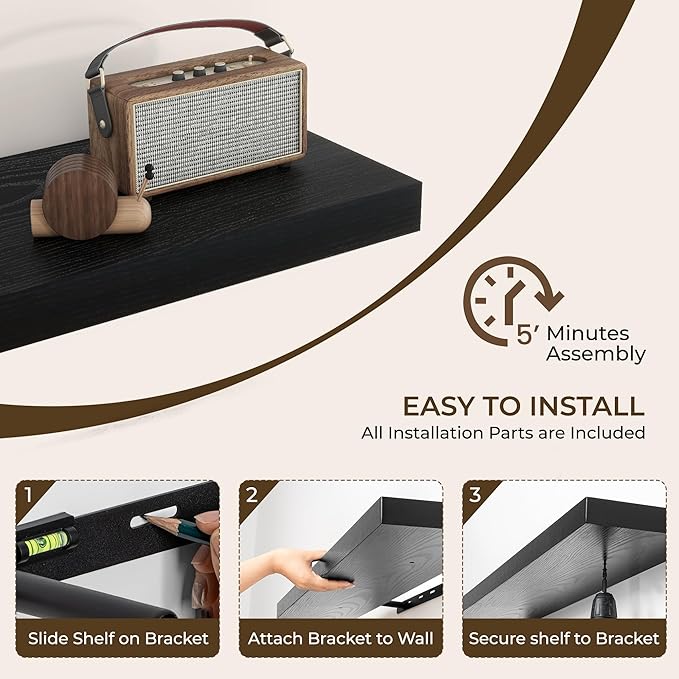 RICHFOCUS 72Inch Floating Shelves for Wall 2 Pack Shelves for Bedroom|Kitchen|Bathroom Wall Mounted Rustic Wood Floating Shelf with Invisible Brackets for Books|Storage|Decor, Black