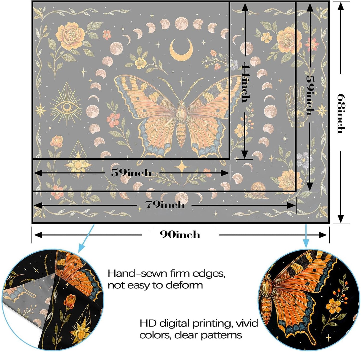 Lunerfex Moon Phase Butterfly Floral Wall Tapestry, Celestial Botanical Tapestries for Room Decor, Mystical Tapestry 90x70 Inch