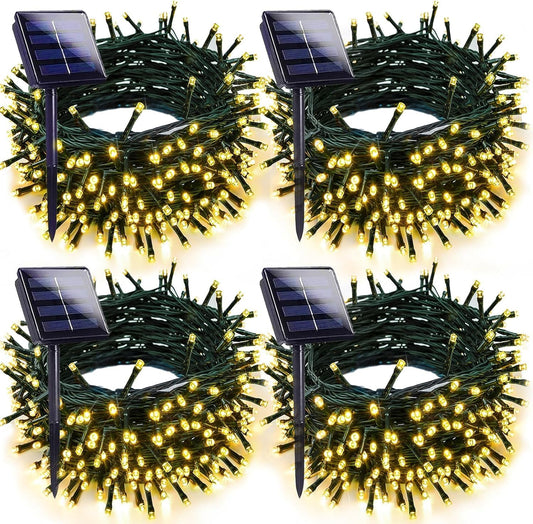 4-pack Solar Christmas Lights Outdoor Waterproof, 400LED 132FT Solar String Light with 8 Lighting Modes, Solar Tree Lights Green Wire for Xmas Tree Party Wedding Garden Fence Decoration (Warm White)