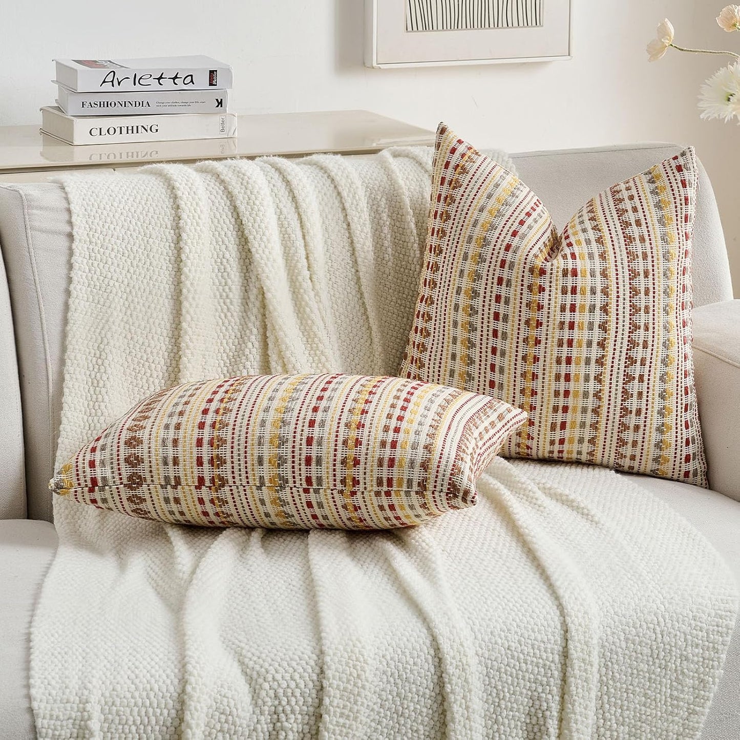 FUTEI Brown Red Decorative Throw Pillow Covers 18x18 Inch Set of 2,Soft Cozy Chenille Jacquard Textured Cushion Case,Boho Home Decor for Couch Bed Living Room